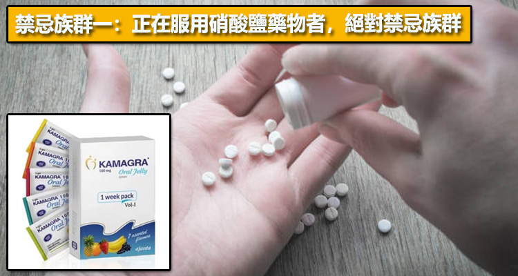 禁忌族群一：正在服用硝酸鹽藥物者，絕對禁忌族群
